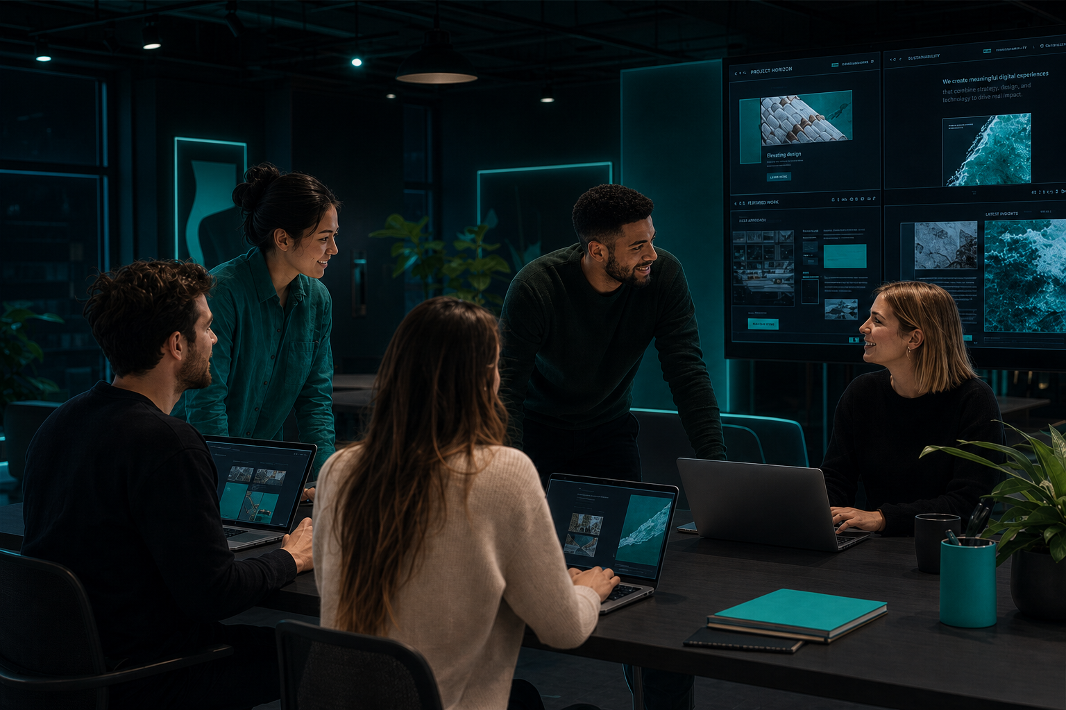Inlakech Studio ekibi dijital projeler üzerinde birlikte çalışıyor